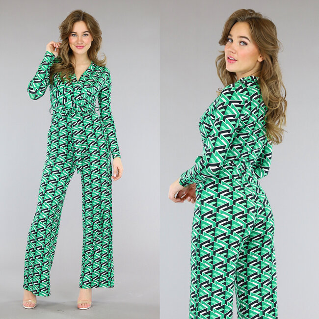 Grüner Jumpsuit mit weitem Bein und Bund mit geometrischem Druck