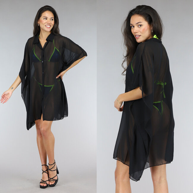 Schwarze Mesh Cover Up Bluse mit Knöpfen