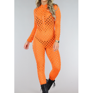 BF2023 Orangefarbener durchsichtiger Jumpsuit mit Löchern