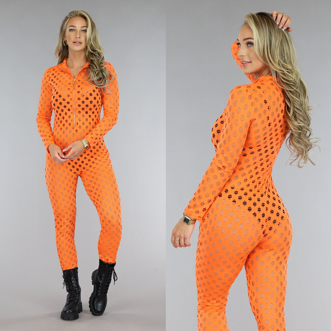 Orangefarbener durchsichtiger Jumpsuit mit Löchern