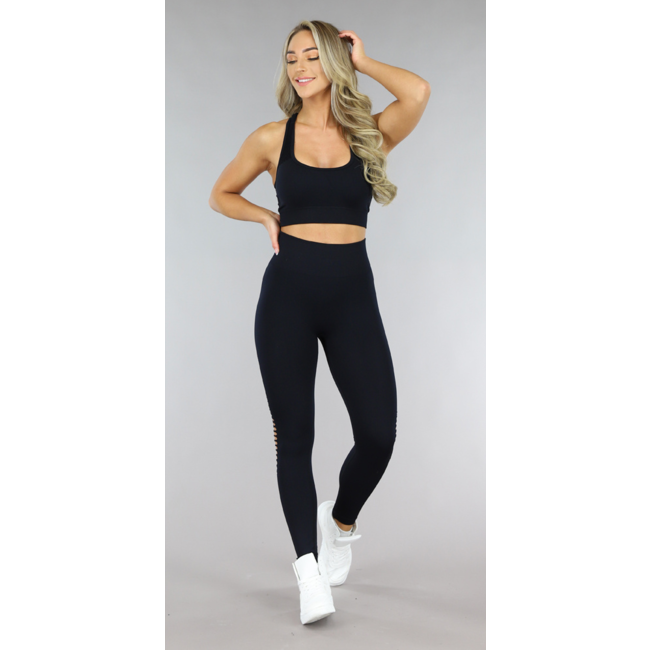 Schwarzes 2-teiliges Sport-Set mit Fischnetz-Details