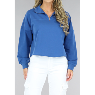 Blauer Pullover mit Reißverschluss und Kordelzug