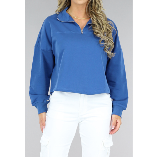 Blauer Pullover mit Reißverschluss und Kordelzug