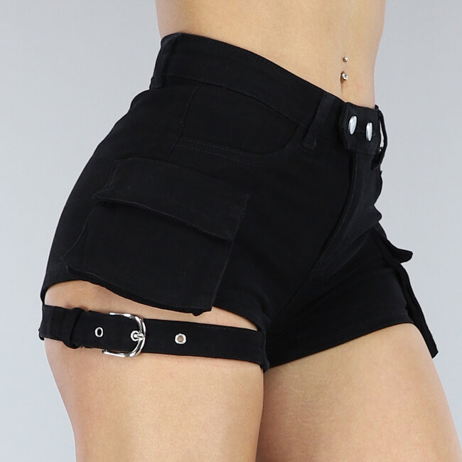 Schwarze Denim Cargo-Shorts mit Gürtel