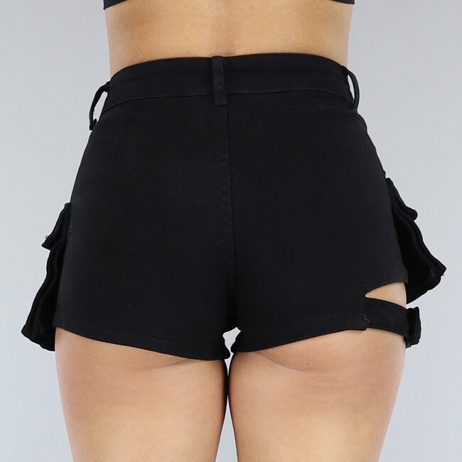 Schwarze Denim Cargo-Shorts mit Gürtel