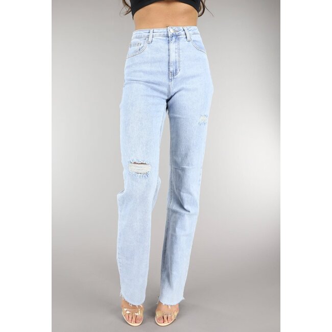 Hellblaue zerrissene Jeans mit hoher Taille