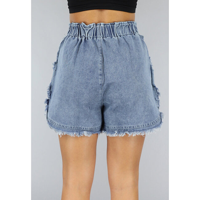 Blaue ausgefranste Denim-Shorts mit Gummizug an der Taille