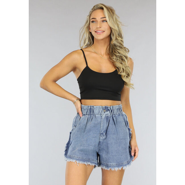 Blaue ausgefranste Denim-Shorts mit Gummizug an der Taille