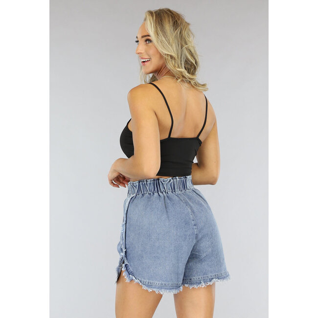 Blaue ausgefranste Denim-Shorts mit Gummizug an der Taille