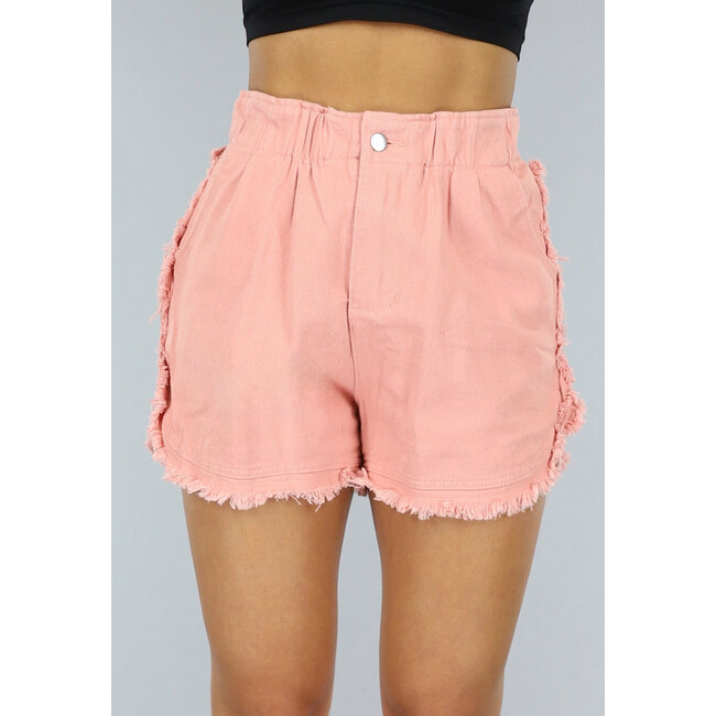 Lachsrosa ausgefranste Denim-Shorts mit Gummizug am Bund