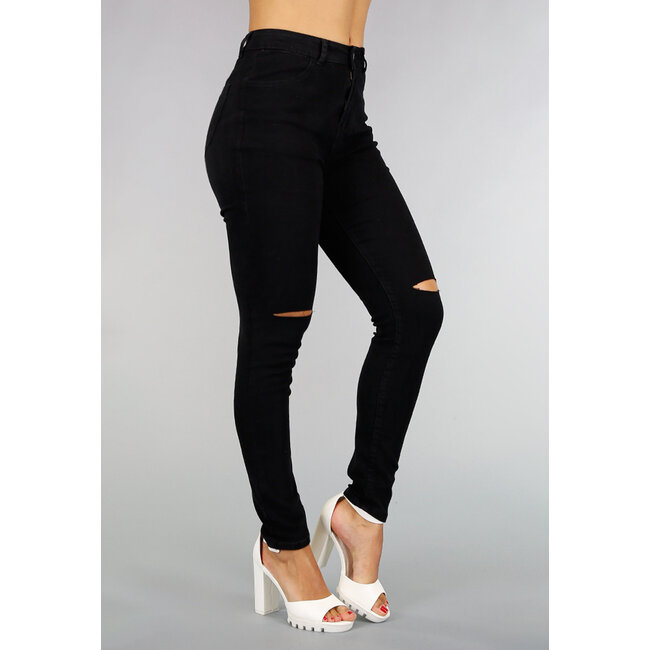 Schwarze Basic-Jeans mit hoher Taille und zerrissenen Knien