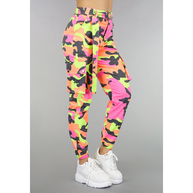 Cargo Jeans Neon Camouflage Hose mit Gürtel