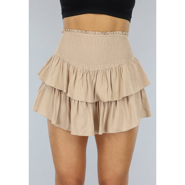 Beigefarbener Rock mit hoher Taille und gesmokter Taille