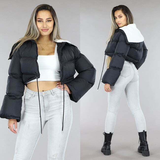 Schwarze Cropped Pufferjacke mit Teddy-Futter