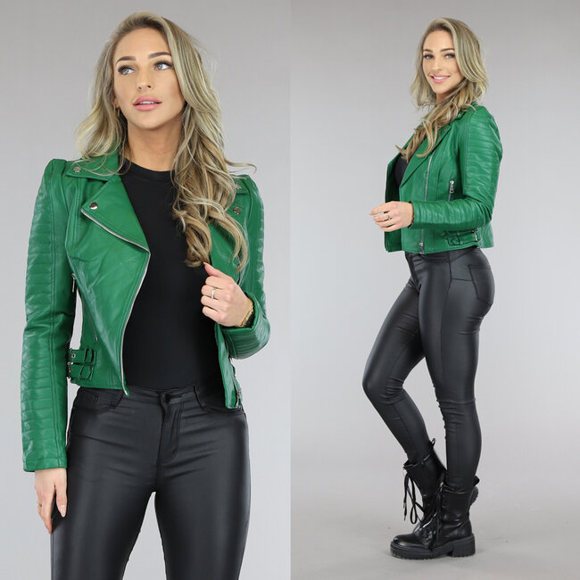 Grüne taillierte Bikerjacke mit Riemen