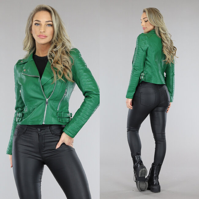 Grüne taillierte Bikerjacke mit Riemen