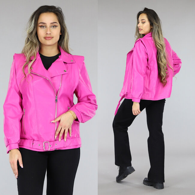 Fuchsia Oversized-Jacke in Lederoptik mit Gürtel