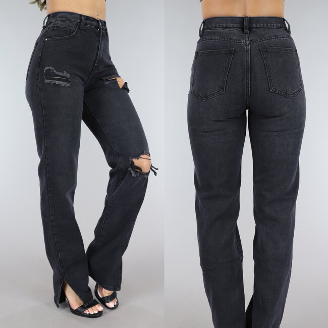 Schwarze zerrissene Jeans mit hoher Taille und Schlitz