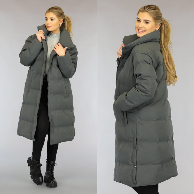 Graue gesteppte lange Puffer-Winterjacke