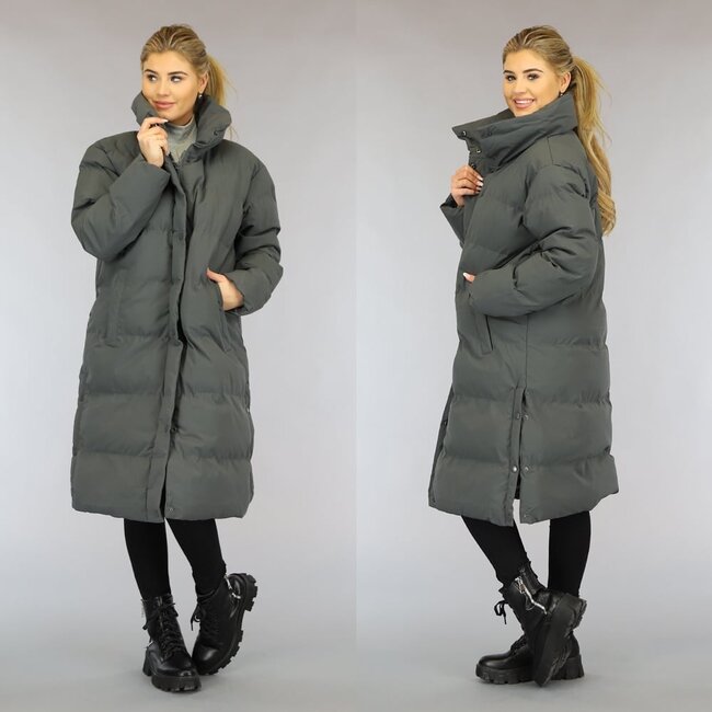 Graue gesteppte lange Puffer-Winterjacke