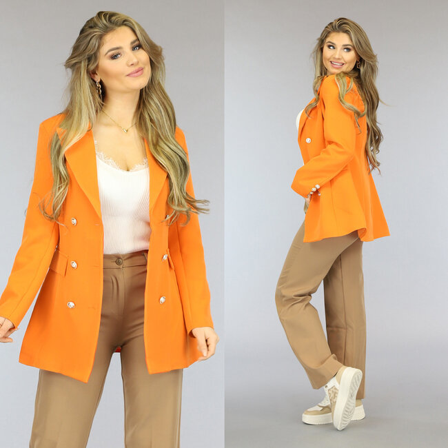 Halblanger orangefarbener Blazer mit Schulterpolstern