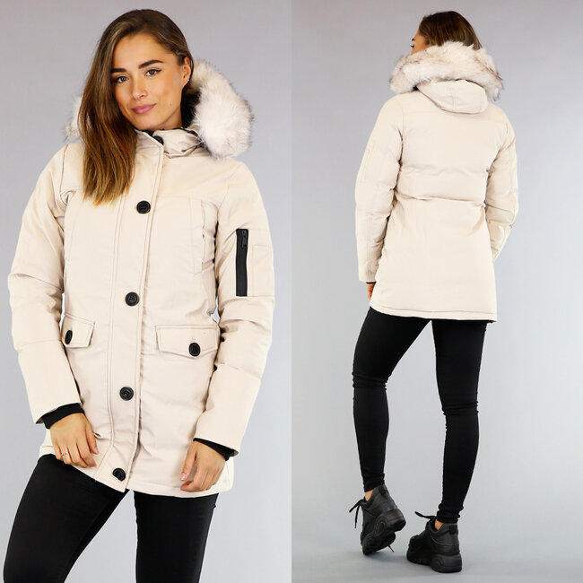 Beige gesteppter Parka mit beigem Kunstfell