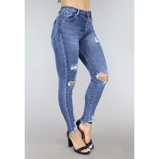 Zerrissene Denim-Skinny-Jeans mit Knöpfen