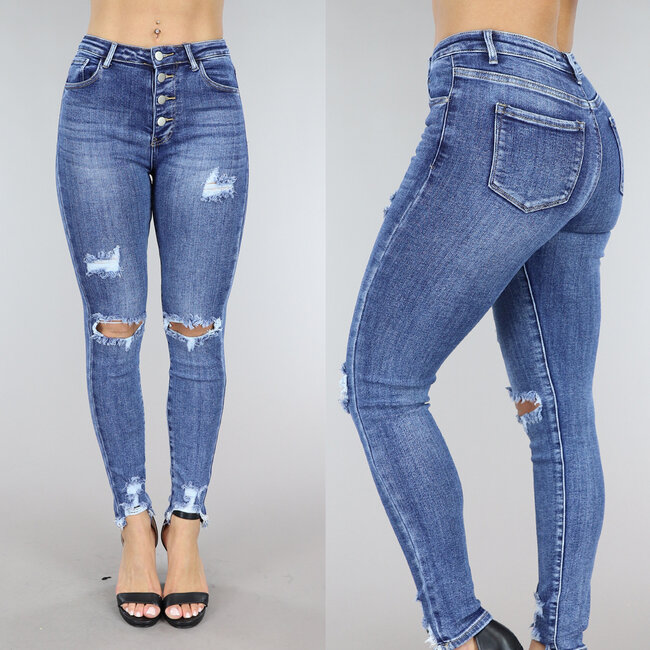 Zerrissene Denim-Skinny-Jeans mit Knöpfen