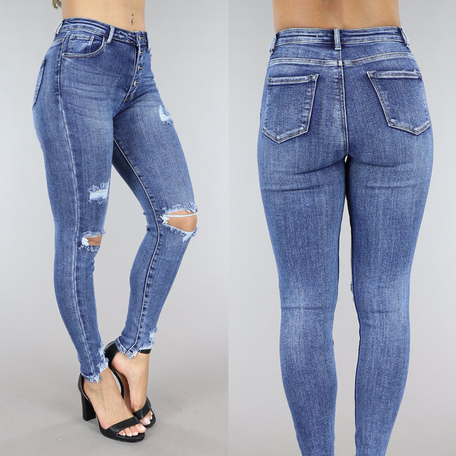 Zerrissene Denim-Skinny-Jeans mit Knöpfen