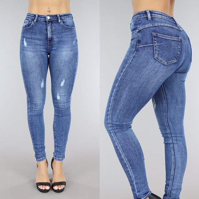 Denim Mid Waist Skinny Ripped Jeans