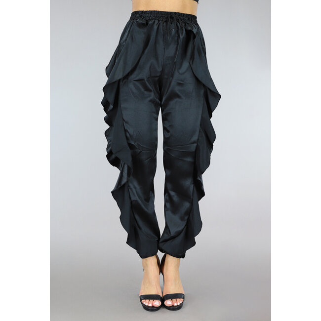 Schwarze Satin-Rüschen-Hose mit Gummizug am Bund