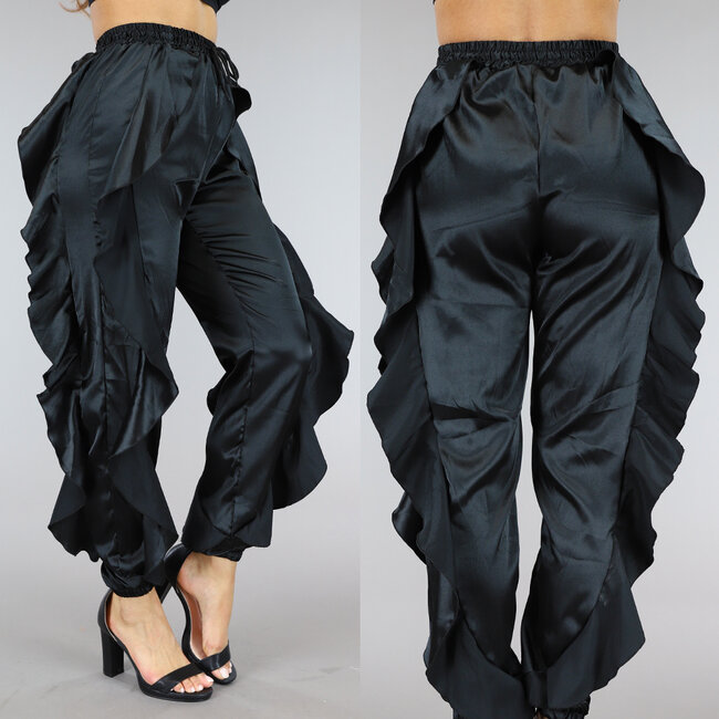 Schwarze Satin-Rüschen-Hose mit Gummizug am Bund