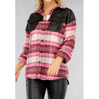 Rosa Flanell-Blockbluse mit Lederoptik