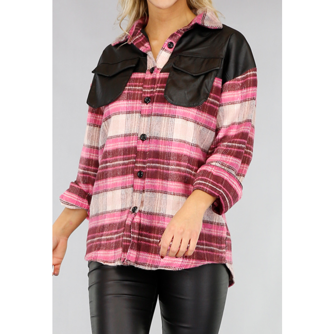 Rosa Flanell-Blockbluse mit Lederoptik