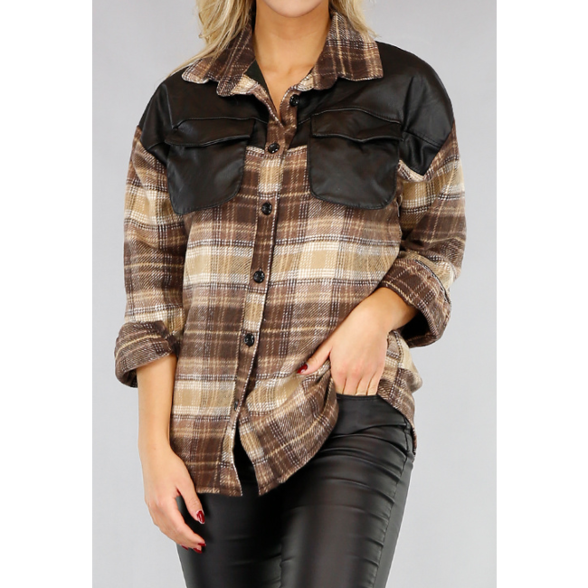 Braune Flanell-Blockbluse mit Lederoptik