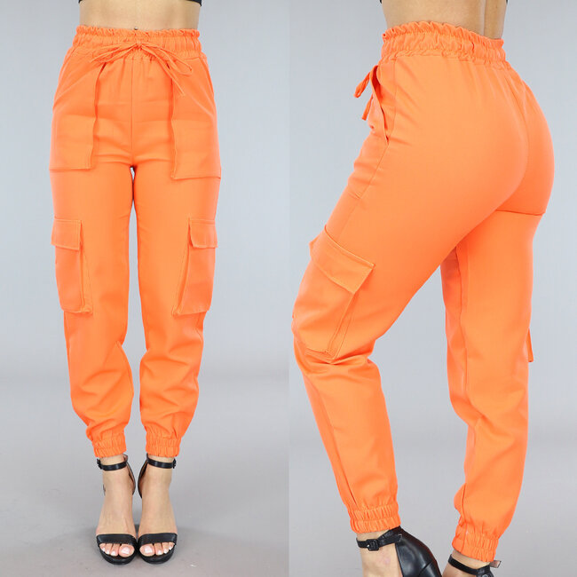 Orangefarbene elastische Hose mit Cargo-Taschen