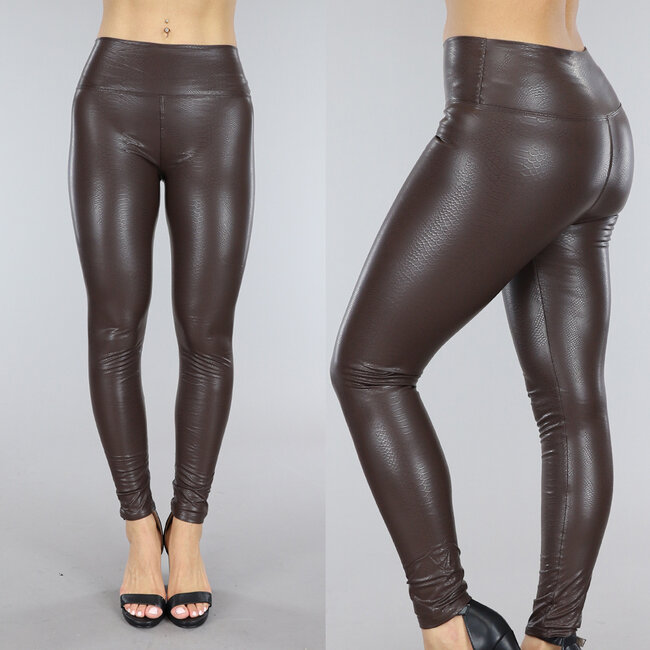 Braune Leggings in Lederoptik mit Crocoprint