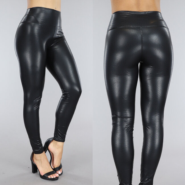 Schwarze Leggings in Lederoptik mit Crocoprint