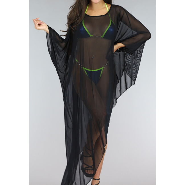 Asymmetrisches Strandkleid aus Mesh mit Fledermausärmeln