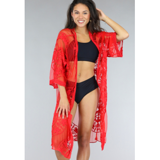 NEW1204 Roter halblanger Strand-Kimono aus Spitze