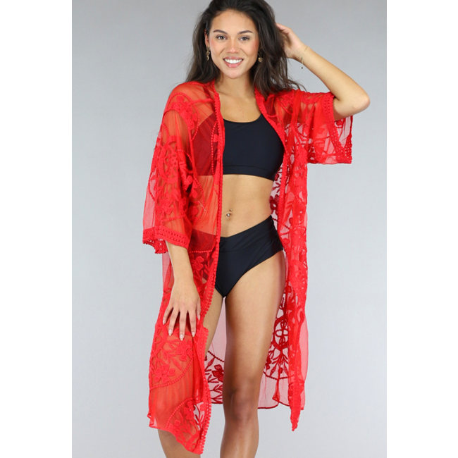 Roter halblanger Strand-Kimono aus Spitze mit Spitzendetails