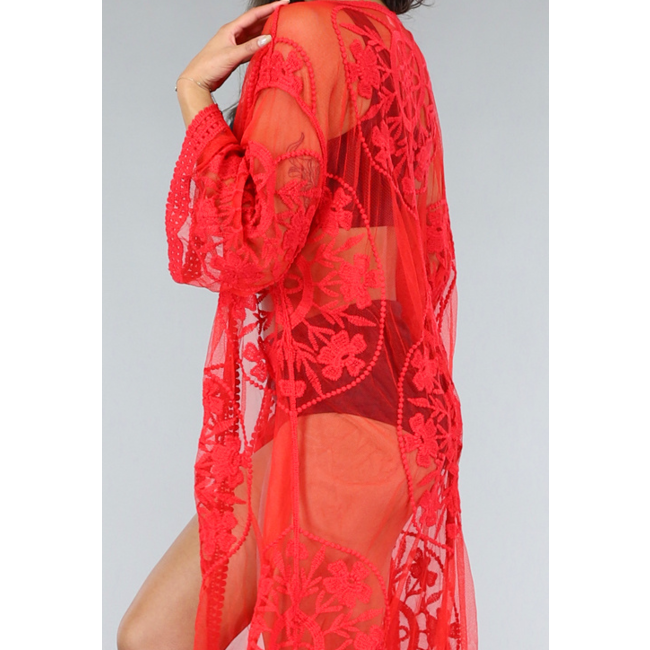 Roter halblanger Strand-Kimono aus Spitze mit Spitzendetails