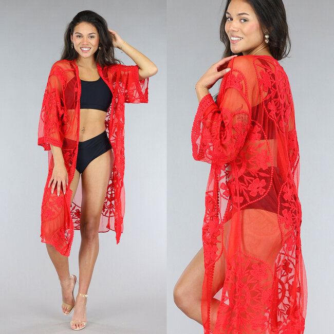 Roter halblanger Strand-Kimono aus Spitze mit Spitzendetails