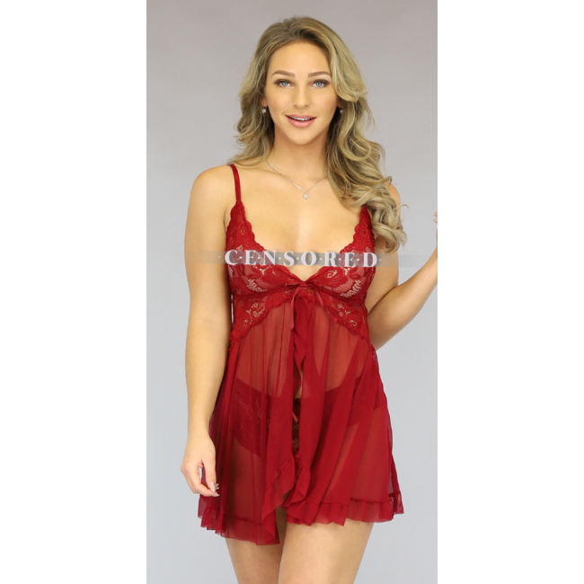 Weinrotes Babydoll aus Mesh mit Spitze und Rüschen