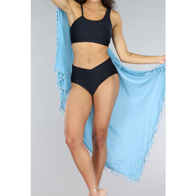 Blauer Long Beach Sarong mit Fransen