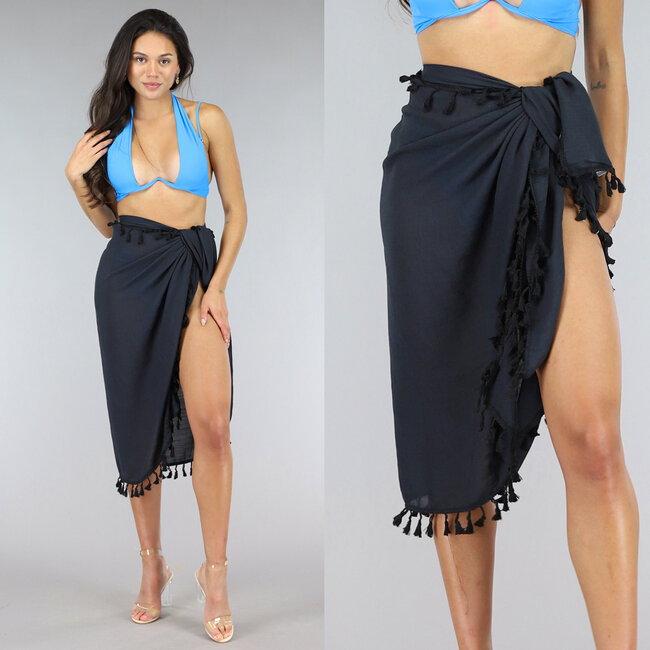 Fransen-Sarong in Schwarz von Linen Look
