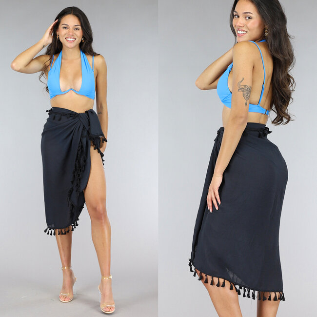 Fransen-Sarong in Schwarz von Linen Look