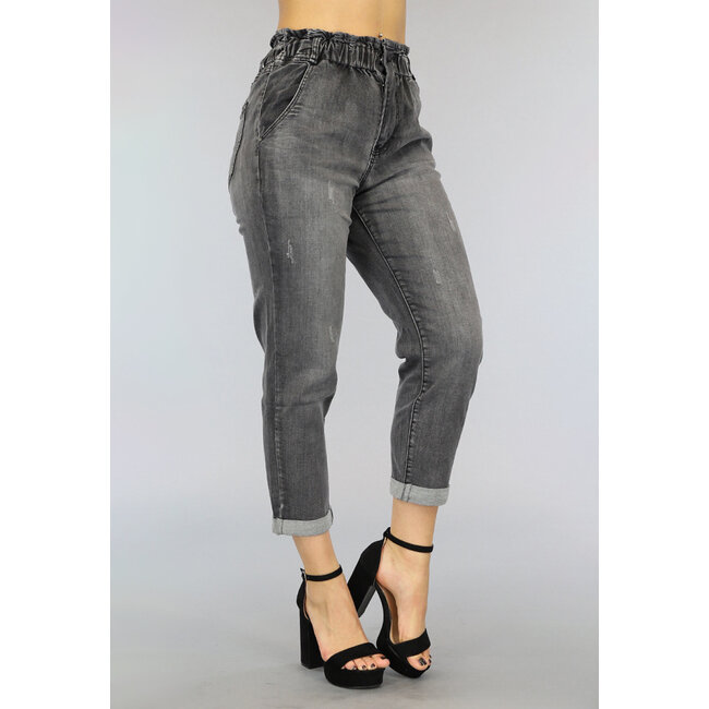 Graue Paperbag Jeans mit hoher Taille und Waschung
