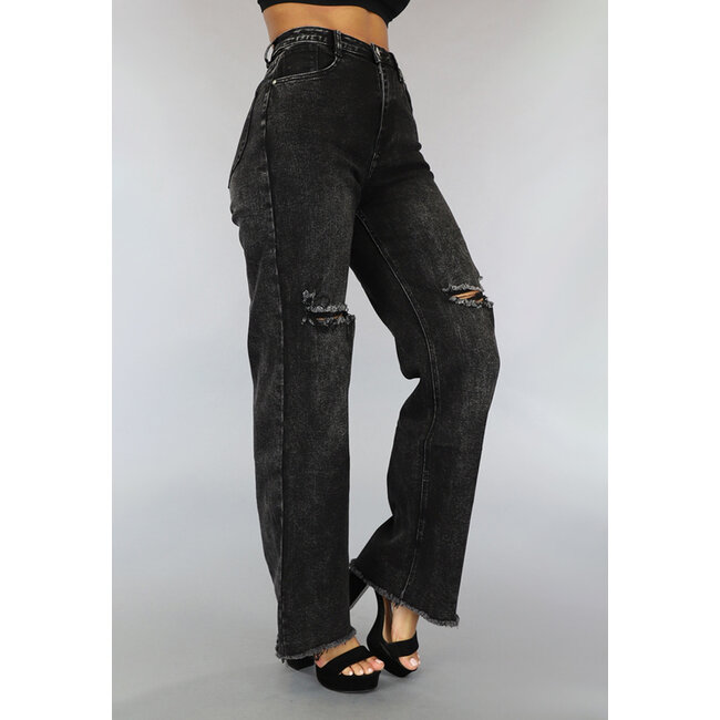 Dunkelgraue gewaschene Straight Leg Jeans mit Rissen