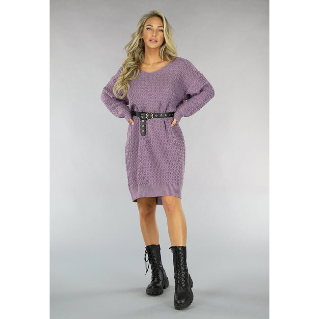 Lila übergroßes Strickpullover-Kleid mit Zopfmuster